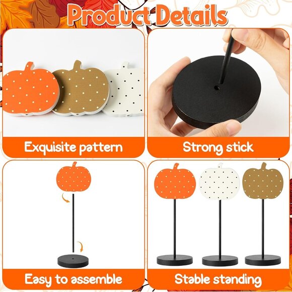 3Pcs Fall Thanksgiving Orange White Brown Pumpkin Reversible Wood Tall decor - Picture 2 of 7